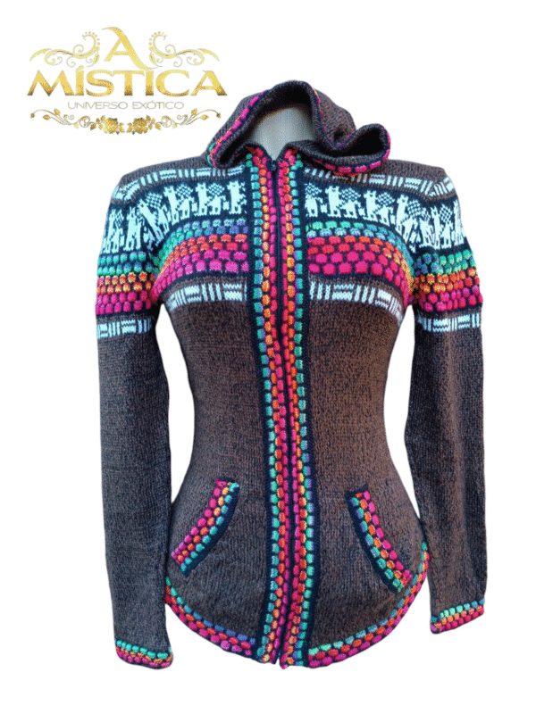 Jaqueta de lã Peruana Feminina Marron com detalhes em tons Coloridos