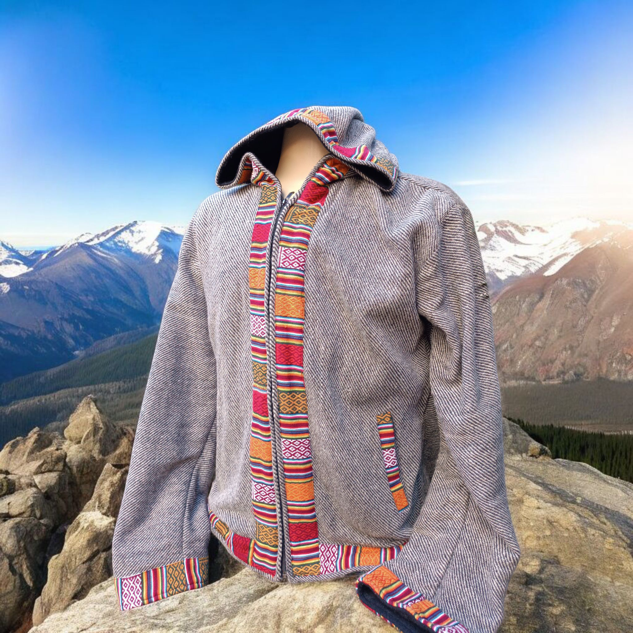 Jaqueta de lã Indiana Unissex Cinza com detalhes cores variadas - Imagem 2