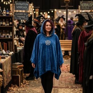 Poncho Microfibra Retangular Com Capuz Pentagrama Azul