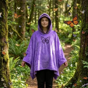 Poncho Retangular Com Capuz Violeta Borboleta