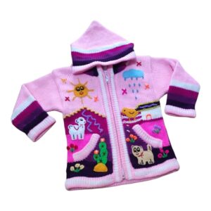Blusa Casaco de Inverno Infantil Tricot Peruano Bordado Rosa nº2