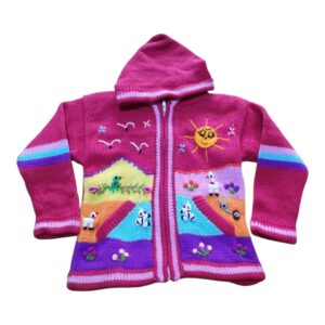 Blusa Casaco de Inverno Infantil Tricot Peruano Bordado Rosa nº4