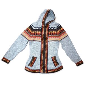 Jaqueta Feminina Peruana De Lã Alpaca Artesanal Boho Capuz Cinza marron
