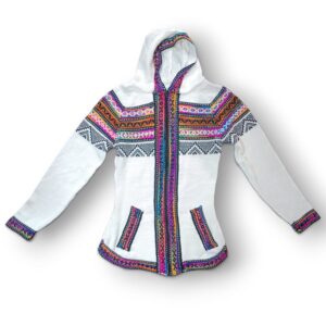 Jaqueta Feminina Peruana De Lã Alpaca Artesanal Boho Capuz branco