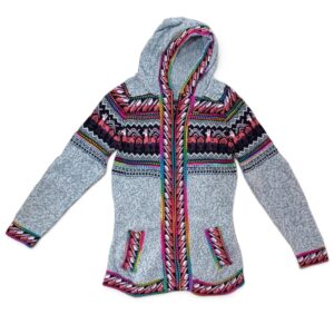 Jaqueta Feminina Peruana De Lã Alpaca Artesanal Boho Capuz Cinza